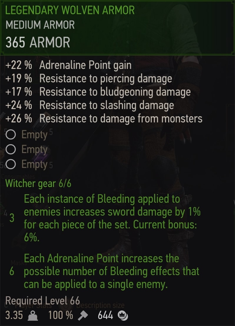Witcher 3 Legendary Wolven witcher set - Armor Stats