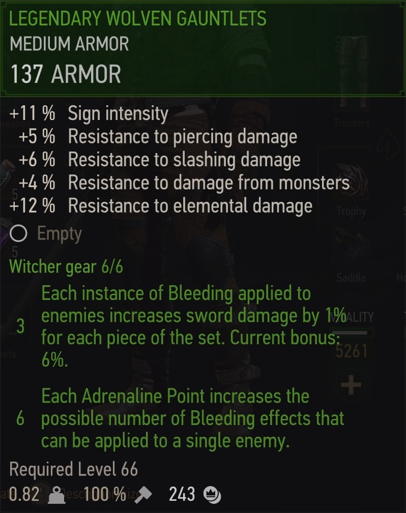 Witcher 3 Legendary Wolven witcher set - Gauntlets Stats