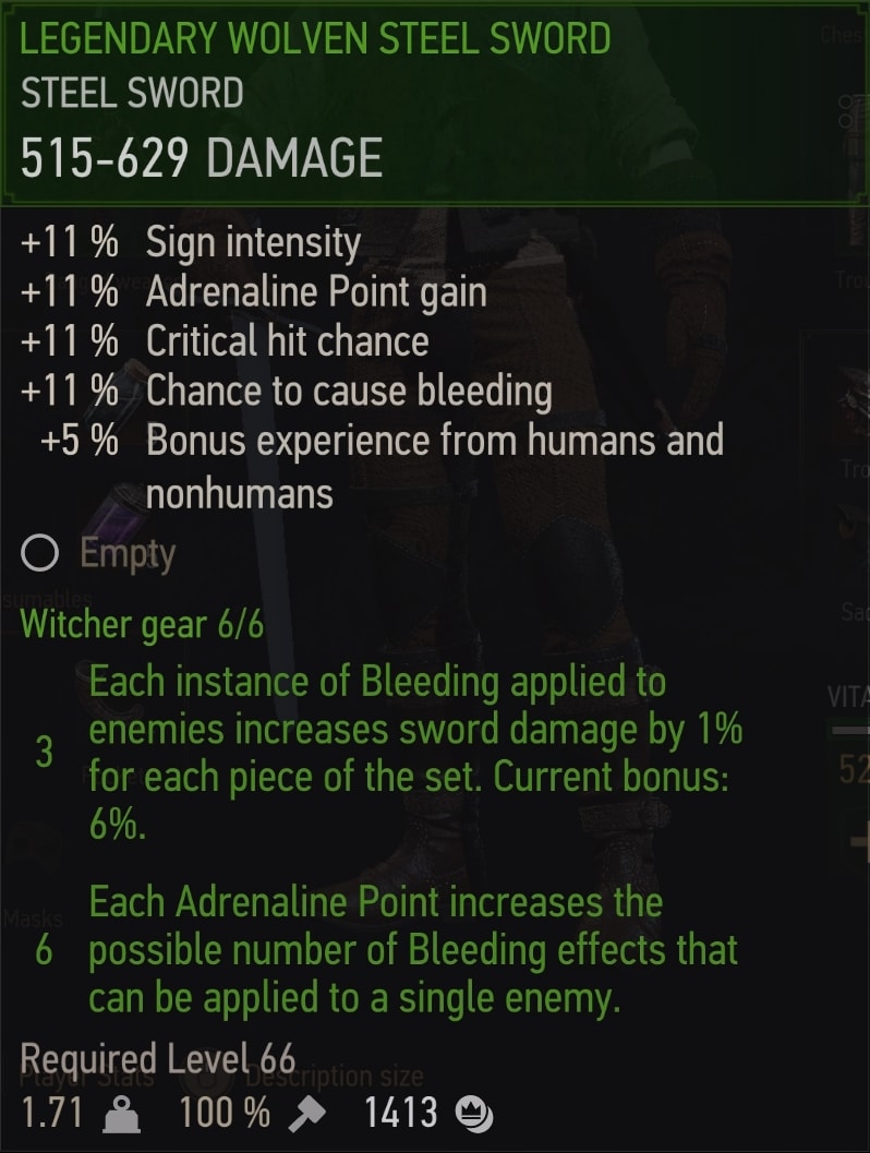Witcher 3 Legendary Wolven witcher set - Steel Sword Stats