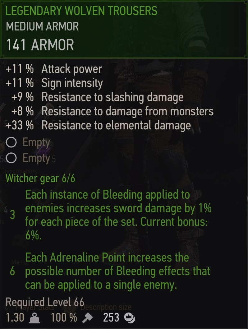 Witcher 3 Legendary Wolven witcher set - Trousers Stats
