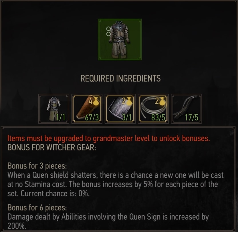Enhanced Ursine Bear School witcher Armor Crafting Requirements