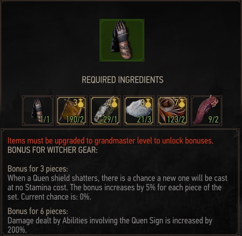 Enhanced Ursine Bear School witcher Gauntlets Crafting Requirements