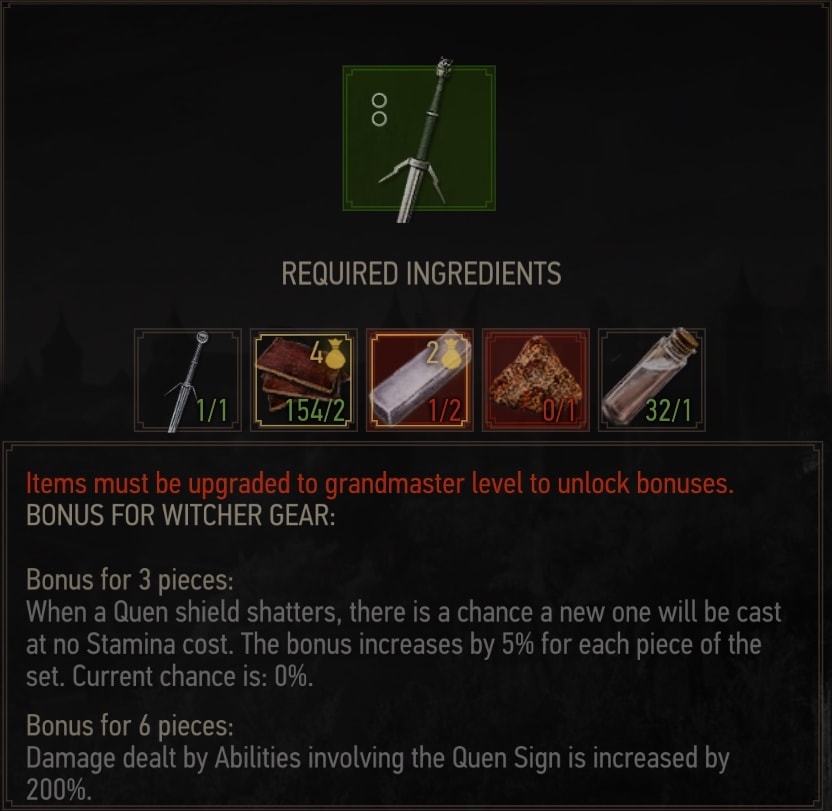 Enhanced Ursine Bear School witcher Silver Sword Crafting Requirements
