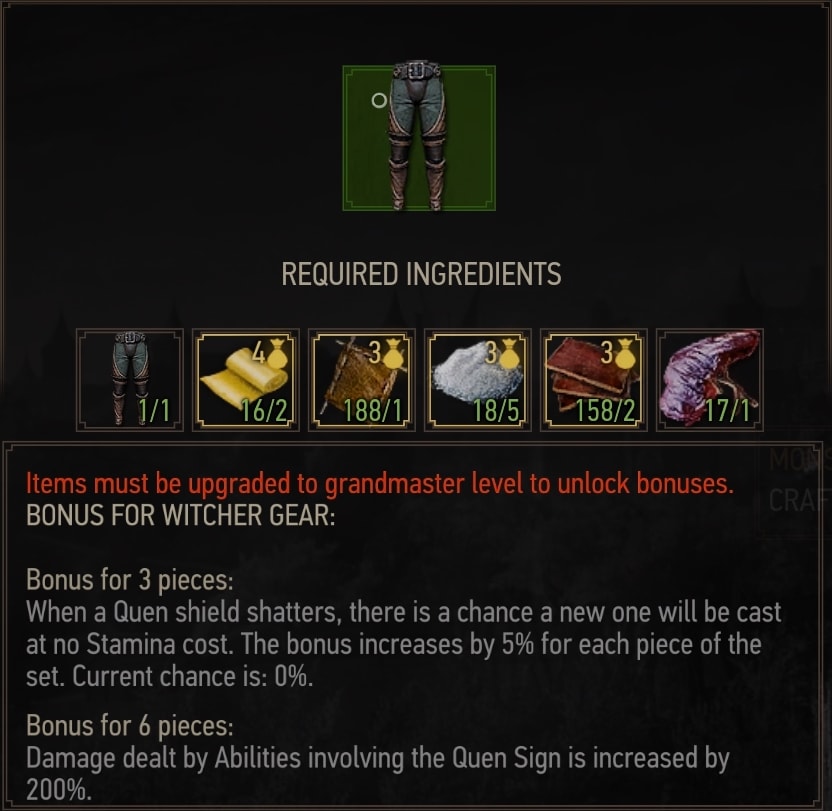 Enhanced Ursine Bear School witcher Trousers Crafting Requirements