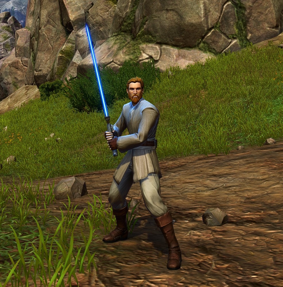 SWTOR Obi-Wan Kenobi Build - Outfit Front with a Lightsaber