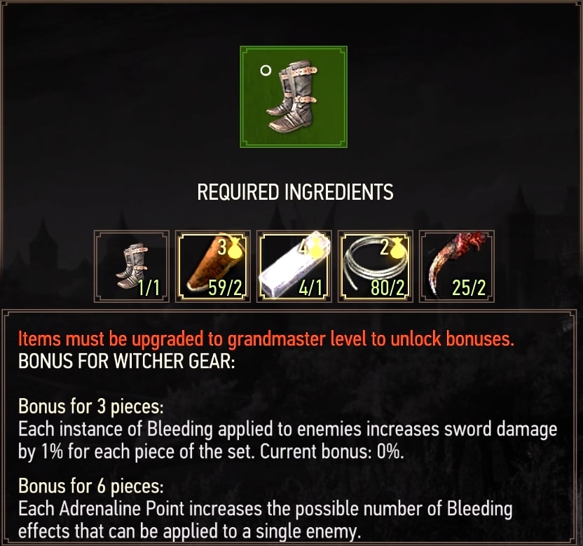 The Witcher 3 Mastercrafted Wolven Boots diagram - crafting requirements