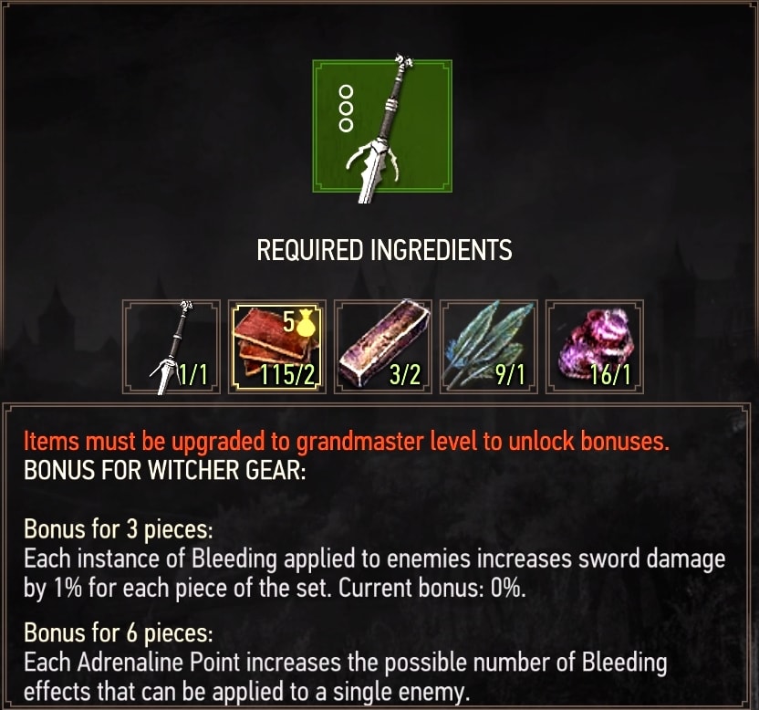 The Witcher 3 Mastercrafted Wolven Silver Sword diagram - crafting requirements