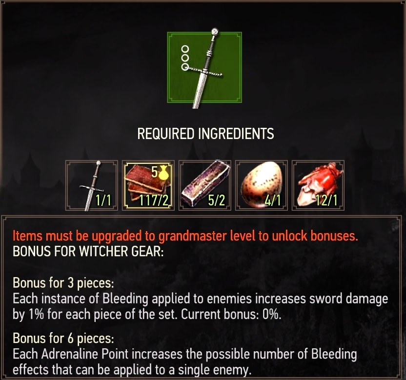 The Witcher 3 Mastercrafted Wolven Steel Sword diagram - crafting requirements