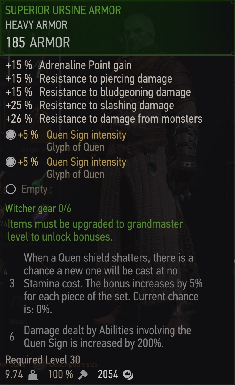 Witcher 3 Superior Ursine Armor stats (Bear School witcher gear tier 3)