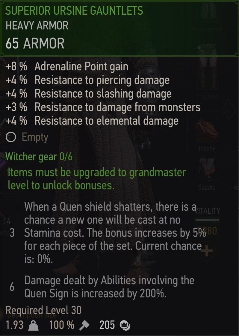 Witcher 3 Superior Ursine Gauntlets stats (Bear School witcher gear tier 3)
