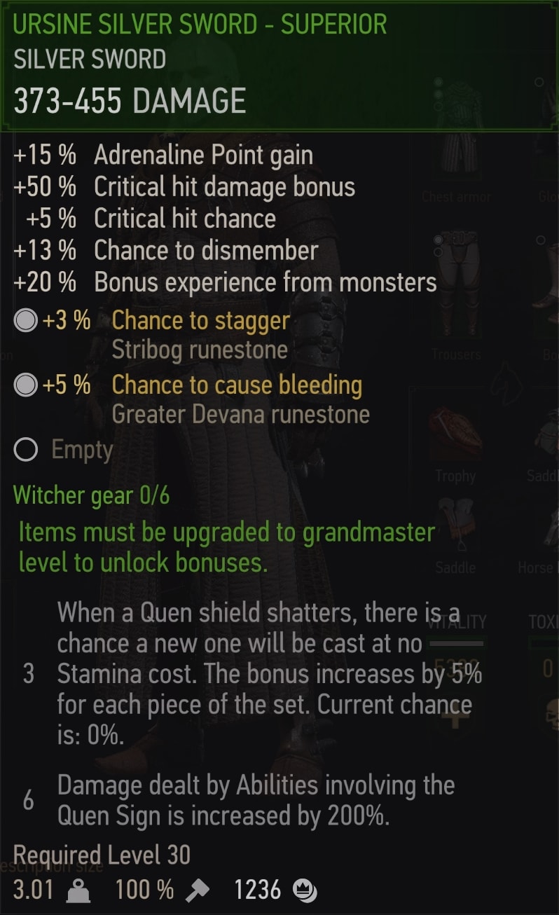 Witcher 3 Superior Ursine Silver Sword stats (Bear School witcher gear tier 3)
