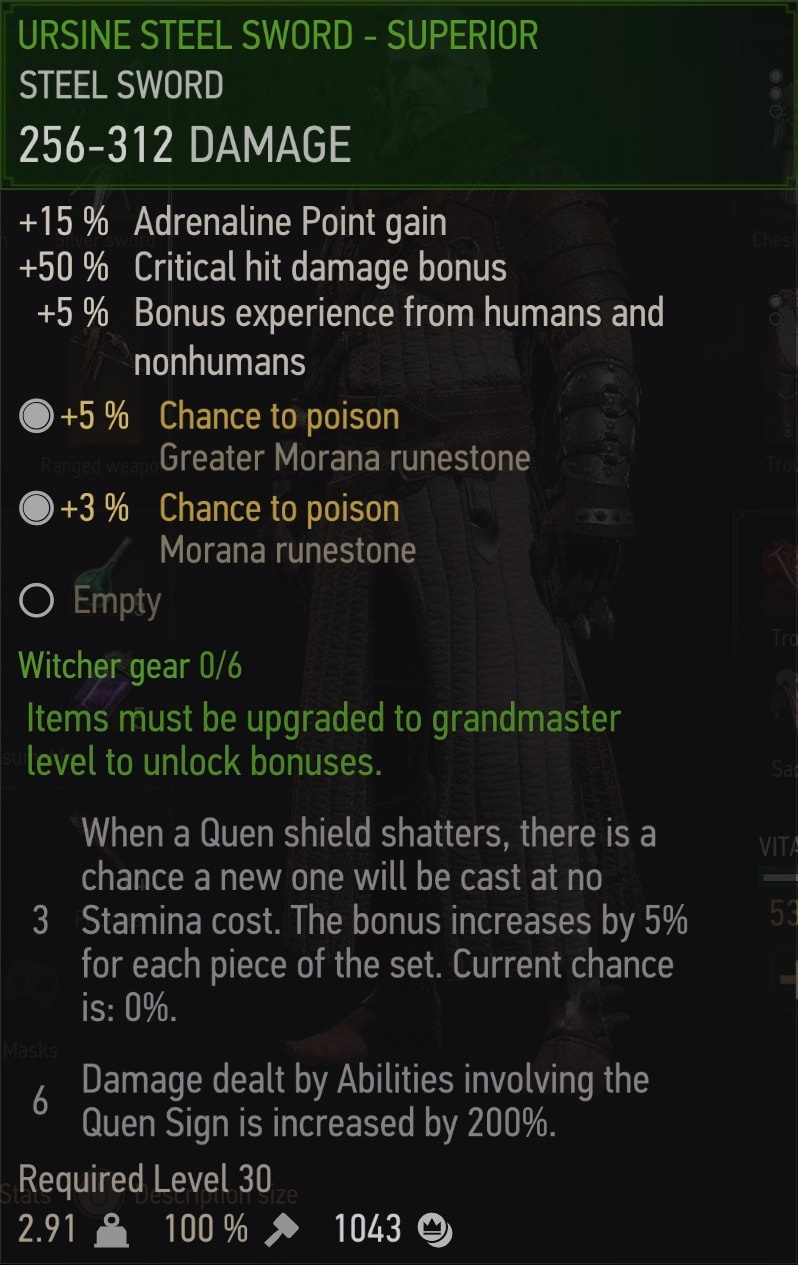 Witcher 3 Superior Ursine Steel Sword stats (Bear School witcher gear tier 3)