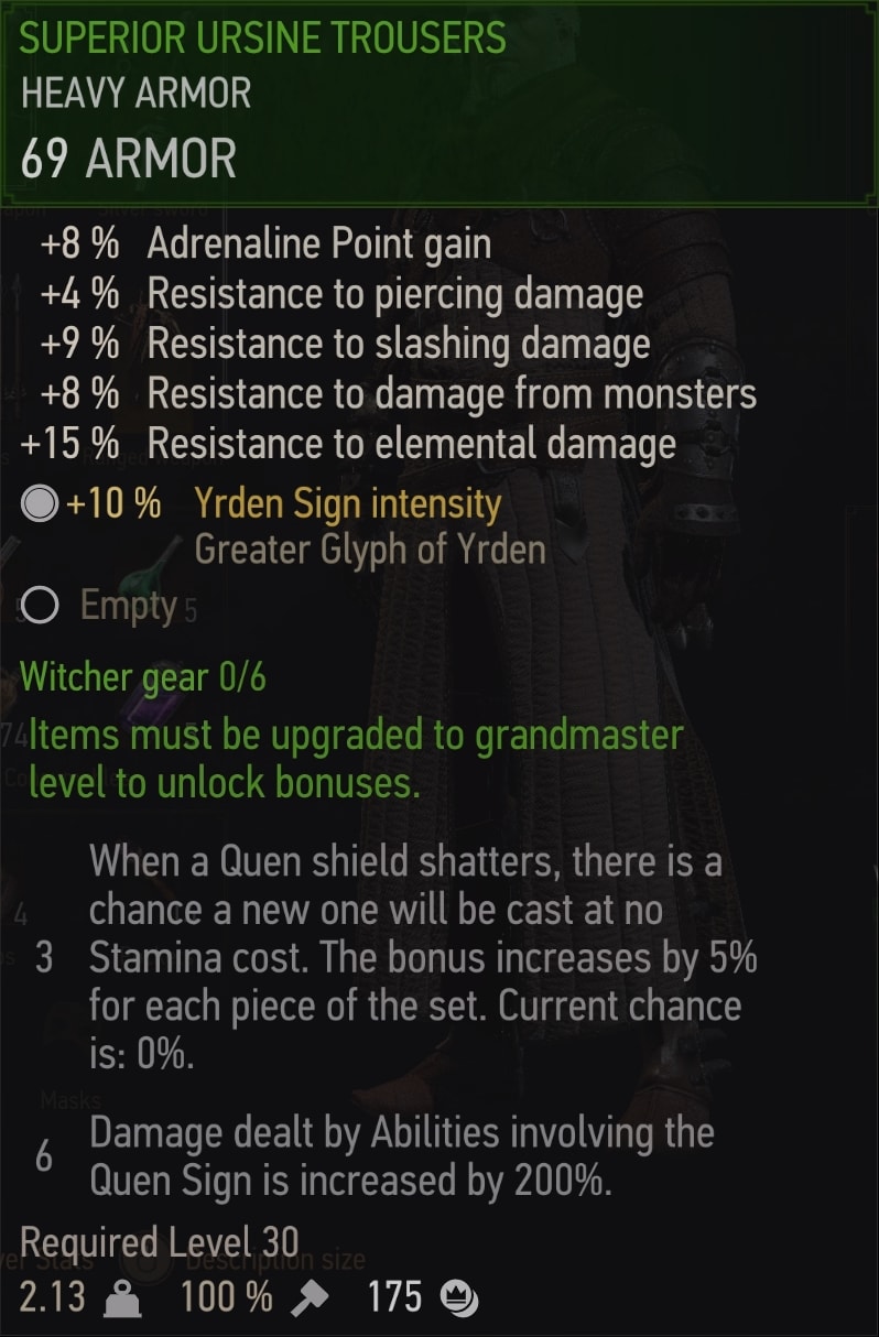 Witcher 3 Superior Ursine Trousers stats (Bear School witcher gear tier 3)