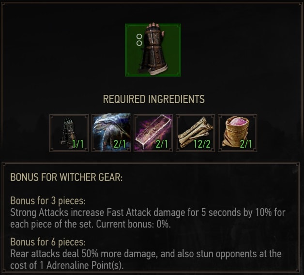 The Witcher 3 Grandmaster Feline witcher set - Crafting Requirements - Gauntlets