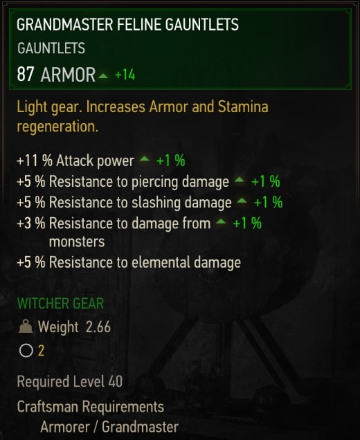 The Witcher 3 Grandmaster Feline (Cat School) stats - Gauntlets