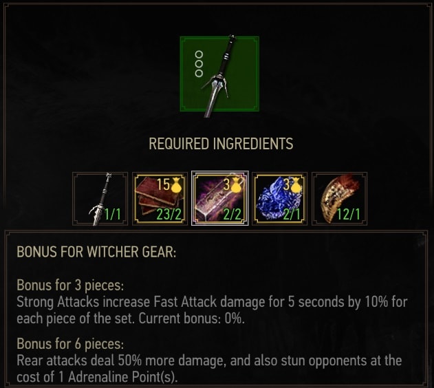 The Witcher 3 Grandmaster Feline witcher set - Crafting Requirements - Silver Sword
