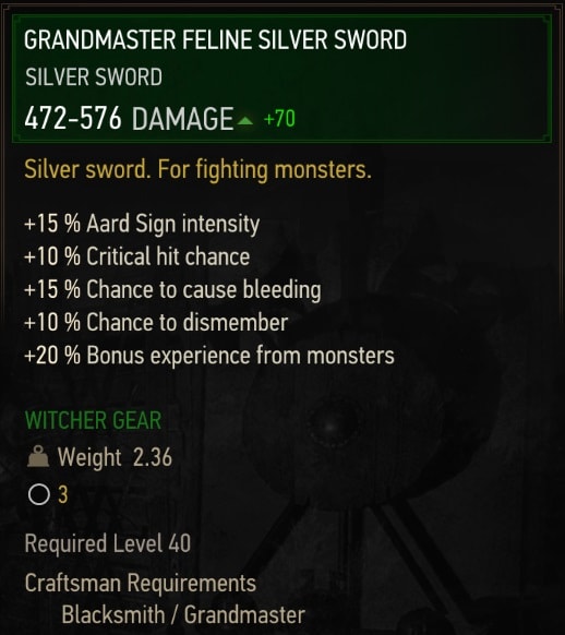 The Witcher 3 Grandmaster Feline (Cat School) stats - Silver Sword