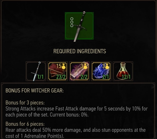 The Witcher 3 Grandmaster Feline witcher set - Crafting Requirements - Steel Sword
