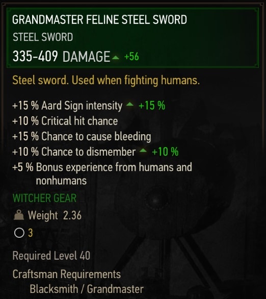 The Witcher 3 Grandmaster Feline (Cat School) stats - Steel Sword