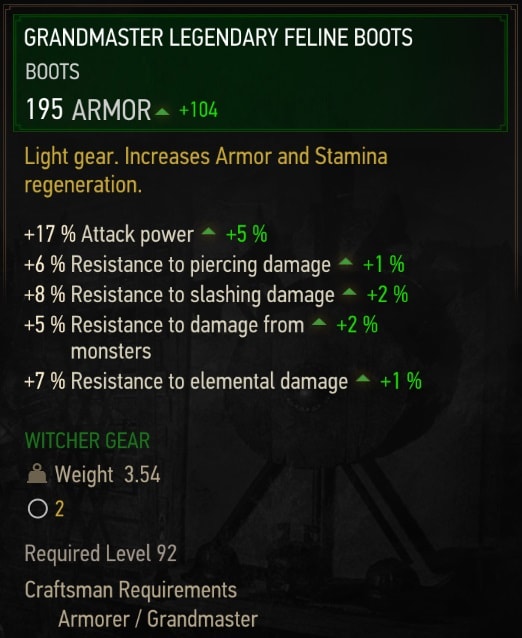 The Witcher 3 Grandmaster Legendary Feline (Cat School) stats - Boots