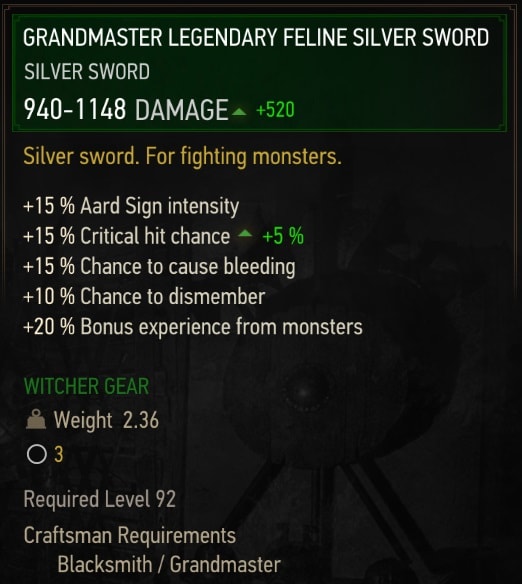 The Witcher 3 Grandmaster Legendary Feline (Cat School) stats - Silver Sword