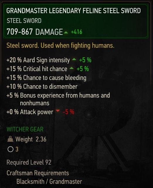 The Witcher 3 Grandmaster Legendary Feline (Cat School) stats - Steel Sword