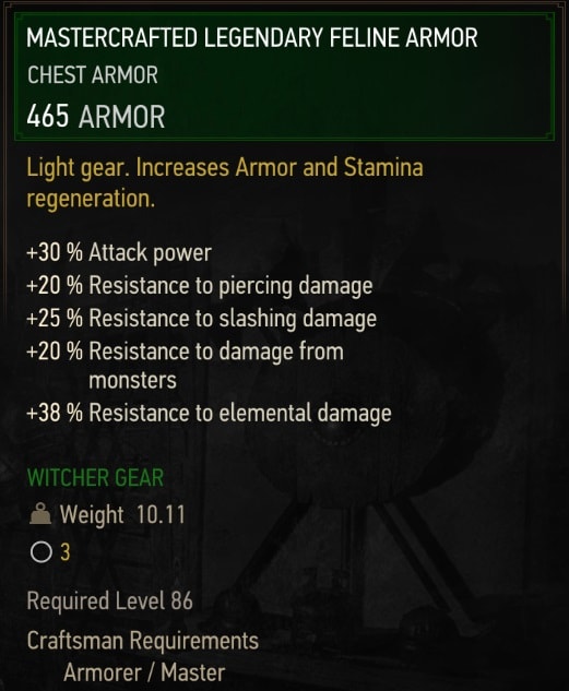 The Witcher 3 Legendary Mastercrafted Feline Gear Set Stats - Armor