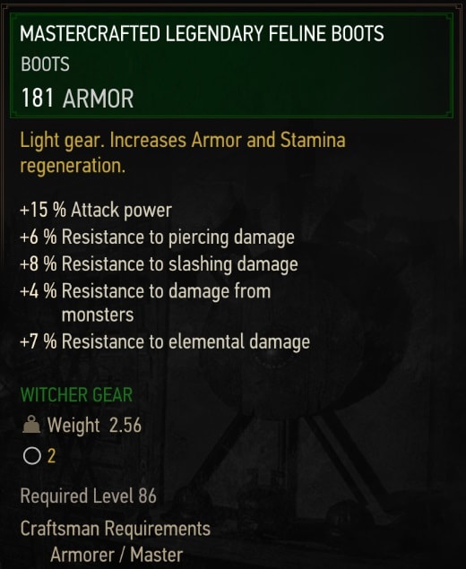 The Witcher 3 Legendary Mastercrafted Feline Gear Set Stats - Boots
