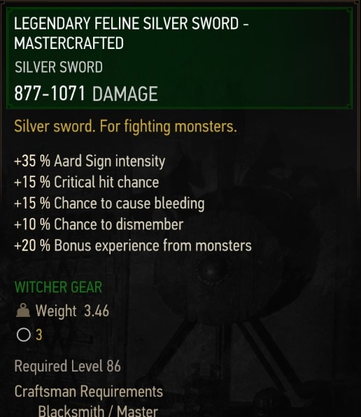 The Witcher 3 Legendary Mastercrafted Feline Gear Set Stats - Silver Sword