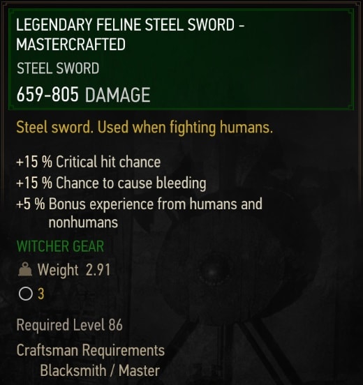 The Witcher 3 Legendary Mastercrafted Feline Gear Set Stats - Steel Sword