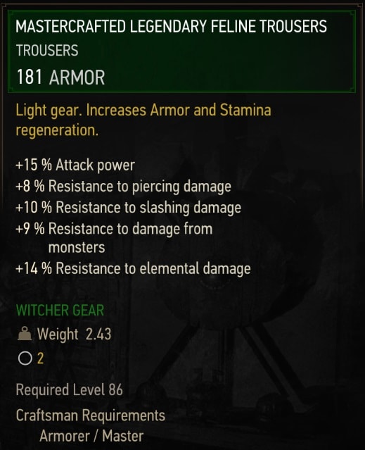 The Witcher 3 Legendary Mastercrafted Feline Gear Set Stats - Trousers