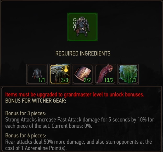 The Witcher 3 Mastercrafted Feline Gear Set crafting requirements - Armor