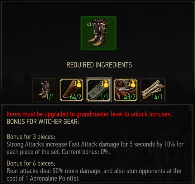 The Witcher 3 Mastercrafted Feline Gear Set crafting requirements - Boots