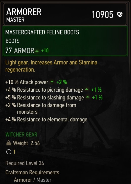 The Witcher 3 Mastercrafted Feline Gear Set Stats - Boots
