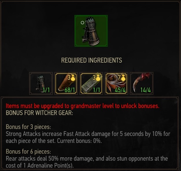 The Witcher 3 Mastercrafted Feline Gear Set crafting requirements - Gauntlets