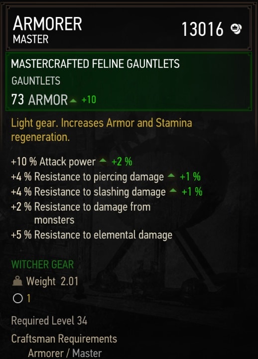 The Witcher 3 Mastercrafted Feline Gear Set Stats - Gauntlets