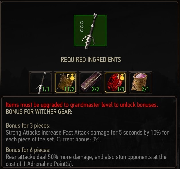 The Witcher 3 Mastercrafted Feline Gear Set crafting requirements - Silver Sword