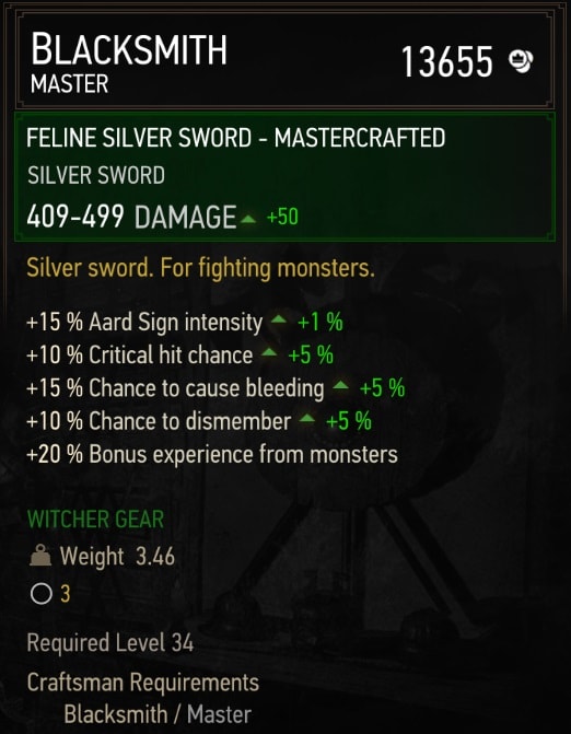 The Witcher 3 Mastercrafted Feline Gear Set Stats - Silver Sword