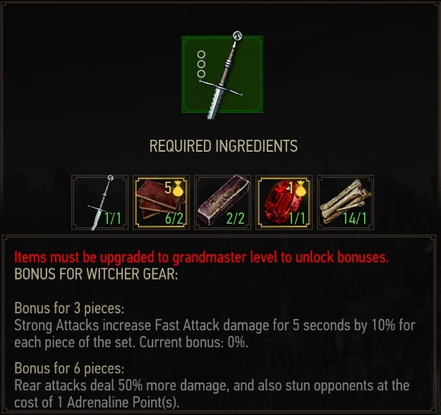 The Witcher 3 Mastercrafted Feline Gear Set crafting requirements - Steel Sword