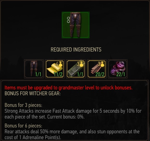The Witcher 3 Mastercrafted Feline Gear Set crafting requirements - Trousers