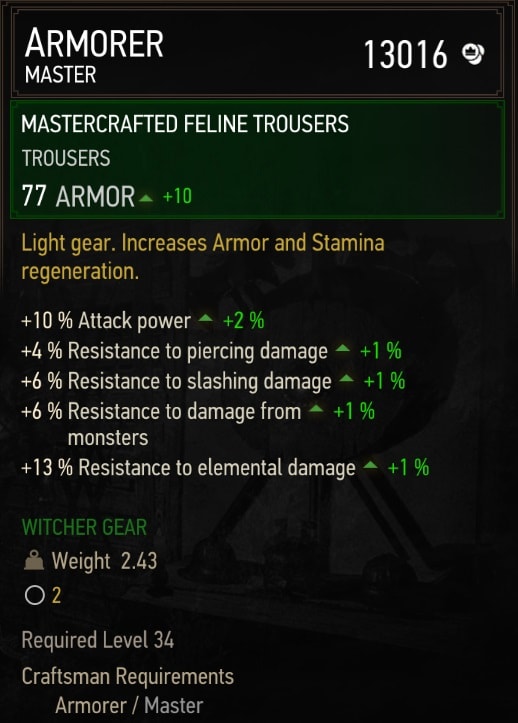 The Witcher 3 Mastercrafted Feline Gear Set Stats - Trousers
