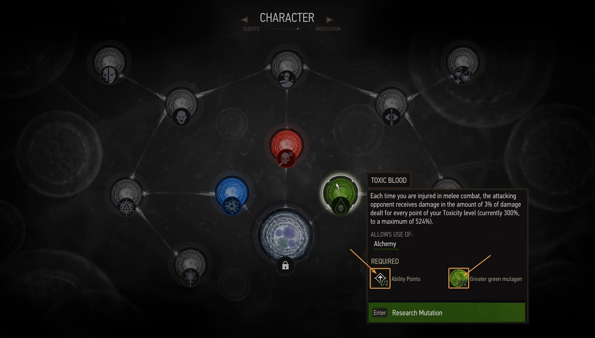 Mutations System screen overview with a description for the Toxic Blood mutation