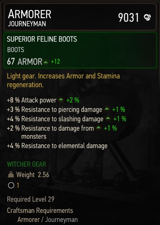 The Witcher 3 Superior Feline Gear Sets Stats - Boots