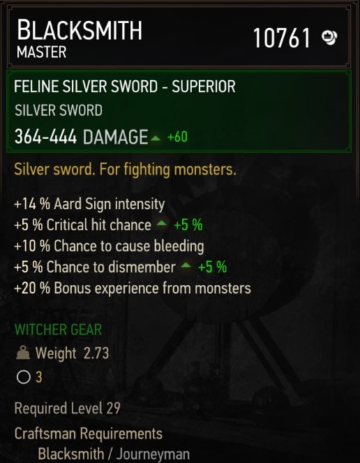 The Witcher 3 Superior Feline Gear Sets Stats - Silver Sword