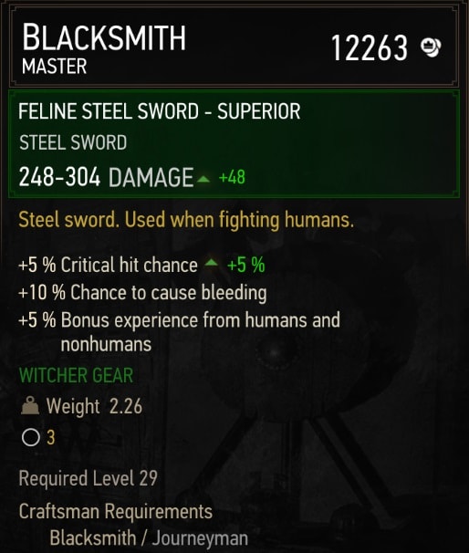 The Witcher 3 Superior Feline Gear Sets Stats - Steel Sword