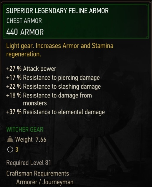 The Witcher 3 Superior Legendary Feline Armor Stats