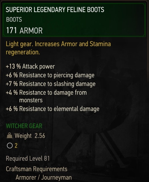The Witcher 3 Superior Legendary Feline Boots Stats