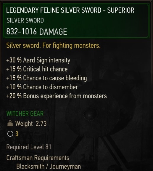 The Witcher 3 Superior Legendary Feline Silver Sword Stats