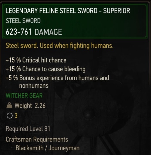 The Witcher 3 Superior Legendary Feline Steel Sword Stats