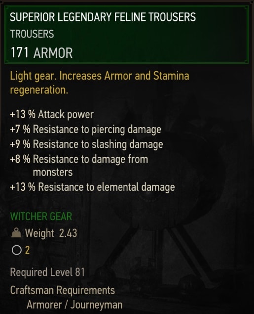 The Witcher 3 Superior Legendary Feline Trousers Stats